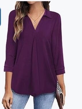 Relaxed V-Neck Collared Blouse in Purple